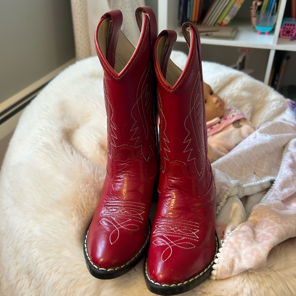 Old West Little Kids Red Leather Pull-On Western Boots size 9.5